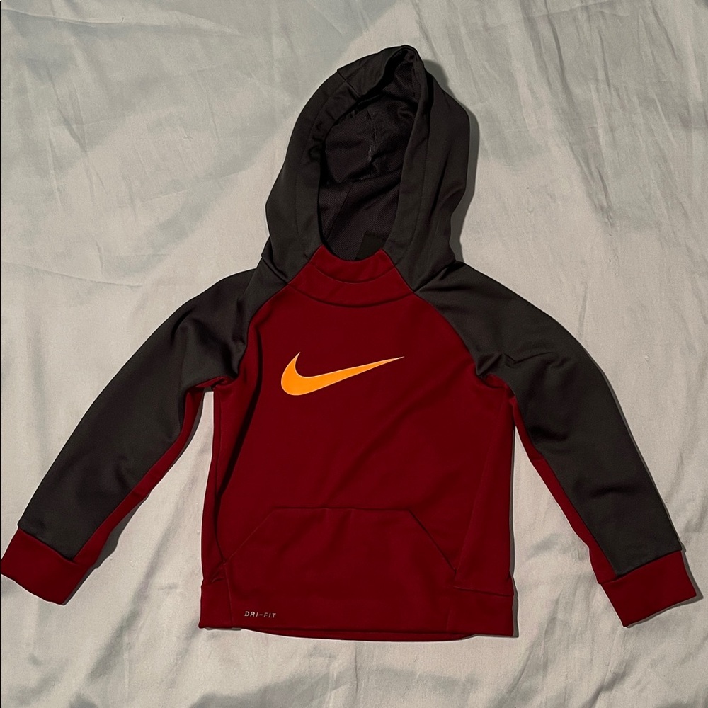 Nike Kids Burgundy and Dark Gray Hoodie with Orange Logo